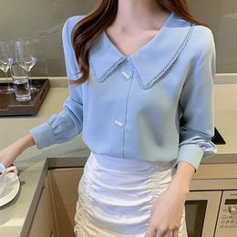Korean Women Chiffon Blouse Long Sleeve Shirts Woman Peter Pan Collar s Shirt Casual Lace Top Puls Size 210427