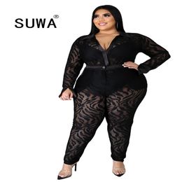 Solid Mesh Flocking Women Big Size Two Piece Sets Lady's Autumn Clubwear Seep V-neck Bodysuits + High Waist Skinny Pants Outfits 210525