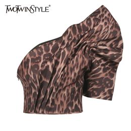 Print Leopard Short Shirt For Women Skew Collar Puff Sleeve Sexy Blouse Female Fashion Clothing Summer 210524