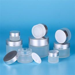 wholesale lip balm containers UK - Frosted Glass Jar Refillable Face Cream Bottle Empty Cosmetic Makeup Storage Container Jars 5g 10g 15g 20g 30g 50g Lip Balm Lotion Packaging Containers