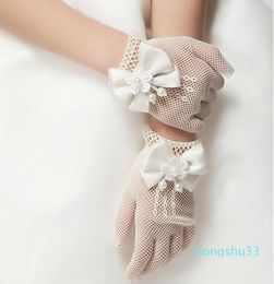 Sweet Girls lace white gloves kids wedding princess accessories children beaded flowers Bows finger gloves J2893