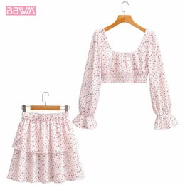 Square Collar Trumpet Sleeve Pink Sexy Navel Sweet Chic Women's Shirt Elastic Waist Folded Mini Female Skirt Suit 210507