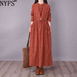 NYFS New Spring Autumn Vintage Small floral Long sleeve Woman Dress Vestido de mujer Robe Elbise Dresses for Women 210325