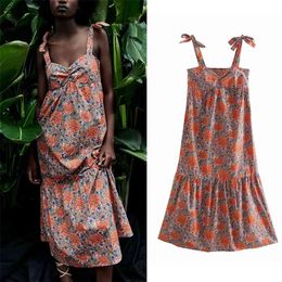 ZA Summer Women Camisole Dress Bow Loose Lady Beach Style Floral Printed Elegant Girls Backless Causal Outfits 210623
