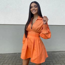 Elegant Orange Sheath Corset Blouse-Style Women Dress Summer Long Sleeve A-Line High Waist Back Tied Up Streetwear 210521