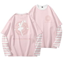 Cute Lolita Pink Fake 2 Pieces Striped Long Sleeve T Shirts Card Captor Sakura Patchwork T-shirt Otaku Anime Loose Tees Tops 210714