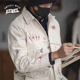 Maden Grafiti Jackets para Homens Ferramental Francês Caça Retro Casual Denim Denim Jaqueta Camisa Slim Top Japonês Jaqueta Men's Trend 210927