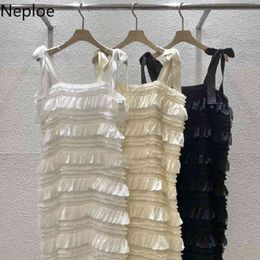 Neploe Vestido De Mujer Summer New Sweet Cascading Ruffle Sleeveless Cake Dress Korean Slim Sweet Fashion Strap Dresses Women 210422