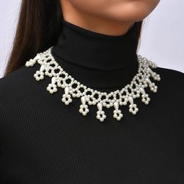 Creative Design Ladies White Imitation Pearl Handmade Beaded Weave Hollow Flower Chokers Necklaces For Women Party Jewellery Gifts