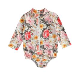 Lioraitiin Fast Shipping 1-5Years Toddler Baby Girl Summer Romper Long Sleeve High Nice Floral Printed Jumpsuit Cute Swimwear G1221