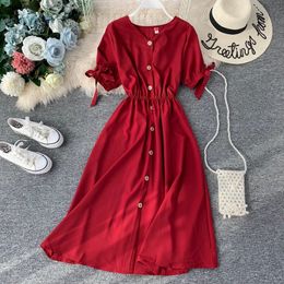 Fashion Young Solid Ladies Spring Summer Button Dress V Neck Short Sleeve High Waist Casual Female 210520