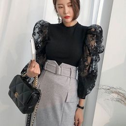 Spring Puff Sleeves Blouse Women Solid Colour Embroidered Perspective Long Sleeve patchwork Knitted Blouse Women Clothes 210514