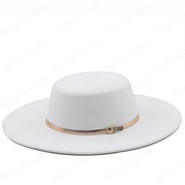 9.5CM Wide Brim Church Derby Top Hats Panama Solid Felt Fedoras Hat with Belt for Women artificial White wool Blend Jazz Cap