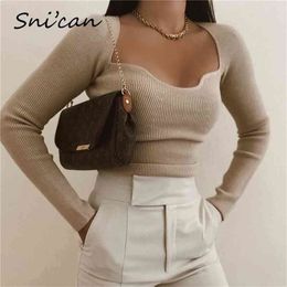 Snican Solid Sqaure Collar Sweater Bodycon Slim Sexy Pullover Fashion Women Long Sleeve Za Pull Femme Spring Ladies Tops 210806