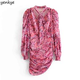 Fashion Women Vintage Floral Print Draped Asymmetric Tie V Neck Long Sleeve Sexy Mini Autumn Chiffon Party Dress 210514