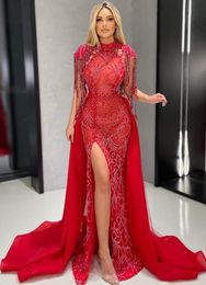 Size Plus Arabic Aso Ebi Red Luxurious Mermaid Prom Dresses Beaded Crystals Evening Formal Party Second Reception Birthday Engagement Gowns Dress ZJ