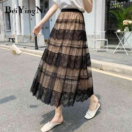 Lace Mesh Pleated Midi Skirts for Woman French Romance Kawaii Dance Elastic Waist Long Vintage Skirt Tulle Girl 210506