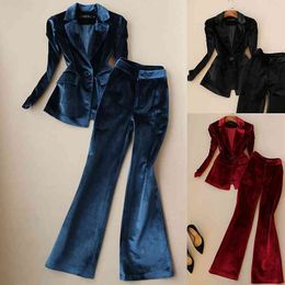 Autumn Style Korean Slim Gold Velvet Flared Trousers Fashion Suit Female Professional 2-piece High Quality 210527