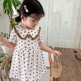 Korean style dot printed cute Lotus leaf collar short sleeve dress little princess casual dresses clothes 210508