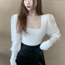 Autumn Winter Korean Sweet Knitted Sweater Square Collar Puff Long Sleeve Knitwear Causal Solid Short Pullover Pull Femme 210514