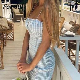 Plaid Corchet Hollow Out Beach Summer Dress Women Clothing Australia Strap Bodycon Blue Mini Sleeveless 210427