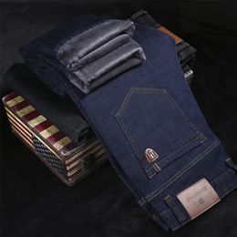 Классическая кожаная мужская деловая повседневная прямая присвоение джинсы зимняя бренд одежда руна толстые теплые высококачественные хлопковые джинсы джинсы 210319