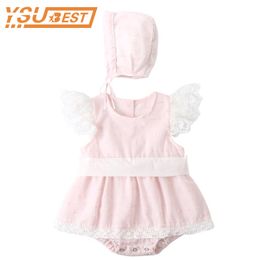 Baby Girls Clothes Cute Pink Lace Romper Summer Infant Kids Flying Sleeve Brand Jumpsuits + Cap Princess Outfits 210429