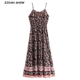 Bohemian Black Red Flower Print Spaghetti Strap Dress Ethnic Woman Adjustable Lacing up Sling Dresses Beach 210429