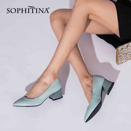 SOPHITINA Pumps Women Elegant Green Genuine Leather Female Shoes Shallow Thick Heel Wedding Party Fashion Lady Shoes K08 210513