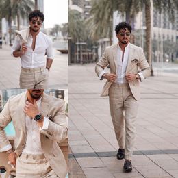 Beach Summer Linen Mens Customised Wedding Tuxedos Slim Fit Two Button Jacket Business Party Prom Blazer 2 Piece