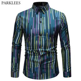 Colourful Vertical stripes Men Shirts Fashion Print Men Dress Shirt Casual Slim Fit Mens Long Sleeve Daily Streetwear Men Chemise 210524