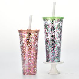 24oz Double-walled Plastic Smoothie Iced Tumbler Ice Cold Drink Coffee Juice Tea Cup Reusable Travel Mug With Straw Sea Sending T9I001221