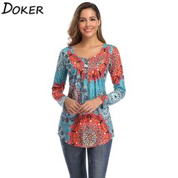 Womens Tops And Blouses O-neck Print Casual Long Sleeve Boho Clothing Women Plus Size Fashions Floral Blouse Shirts 210603