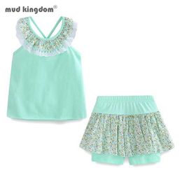 Mudkingdom Floral Summer Girls Outfits Backless Flower Cold Shoulder Tops and Skirted Short Clothes Set for Beach Holiday 210615