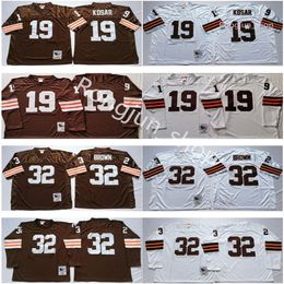 NCAA Vintage Retro Mens Football 19 Bernie Kosar 32 Jim Brown Long sleeve Home Coffe White Away No Name Embroidery Top Quality