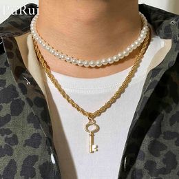 Hip Hop Punk Key Pendant Necklace for Men Twisted Chain on The Neck Bohemian Simulated Pearl Choker Multilayer Couple Jewellry