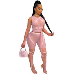 Sheer Mesh Patchwork Sexy Summer Two Piece Outfits For Women Sets Clothes Slim-Fit Tank Tee And Skinny Knee Length Pants 210525