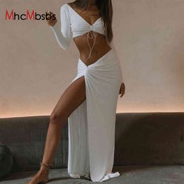 Sexy Maxi Skirts Outfits Two Piece Set Women Long Sleeve V Neck Crop Tops High Waist Side Split Skirt Summer Vacation Party 210517