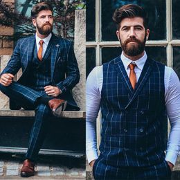 Three-piece suit Men Tuxedos Groom Wedding Suits High Quality pinstripe Custom Made Mens Suits Notched Lapel double-Breasted pinstripe Glen Plaid Formal Mens Suit