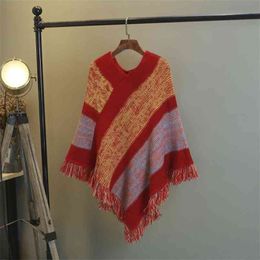Ethnic Style Striped Tassel Retro Shawl Cloak Literary Pullover Sweater Sleeveless Coat Autumn and Winter Women UK064 210506