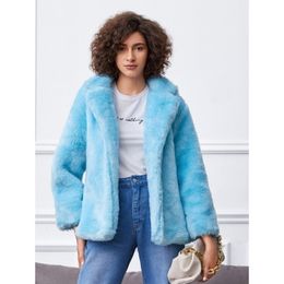 Winter Fur Coat Women's Blue Flocking Long Sleeve Temperament Korean Lapel Full Leather 211207