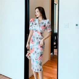 elegant print tight Dress korean ladies Summer Sexy Short Sleeve Flower party sheath Dresses for women clothing 210602