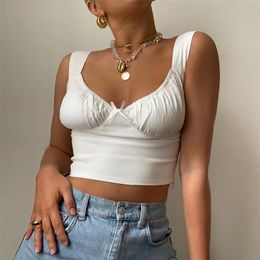 Sexy Low Cut Bow Ruched Crop Top Solid Sleeveless Tank for Women Fashion Summer Camis Slim Clubwear Party Cropped 210603