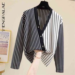Women's Autumn And Winter Knitted Cardigan V-neck Single-breasted Plus Size Striped Fashion Sweater In 5A464 210427