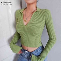 BRADELY MICHELLE Autumn Women Fashion Long-Sleeve Deep V-neck Sweaters Big elastic Knitted Crop Tops 210806