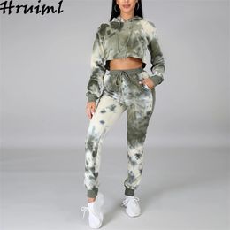 2 Piece Set Women Casual Long Sleeve Hooded Crop Top Pants Joggers Fashion Tie Dye Print High Street Autumn Outfits 210513