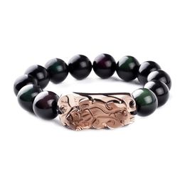 Natural Stone Man Bracelet Black Obsidians Beads With Ice Obsidian Pixiu Brave Troops Rosary Buddha Jewellery For Men And Women