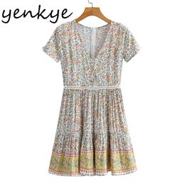 Vintage Floral Print Casual Dress Women V Neck Short Sleeve Vestido Mujer Pleated Mini Summer Dresses Holiday vestido 210430