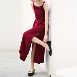 -Frühling Sommerkleid Sleeveless rotes Kleid Mode offen Rücken Slit Feiner Schlinge Kreuz Frauen Strand Lange Retro 210507