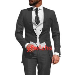 Custom-made Double-Breasted Groomsmen Collarless Groom Tuxedos Men Suits Wedding/Prom/Dinner Man Blazer(Jacket+Pants+Tie+Vest) W972